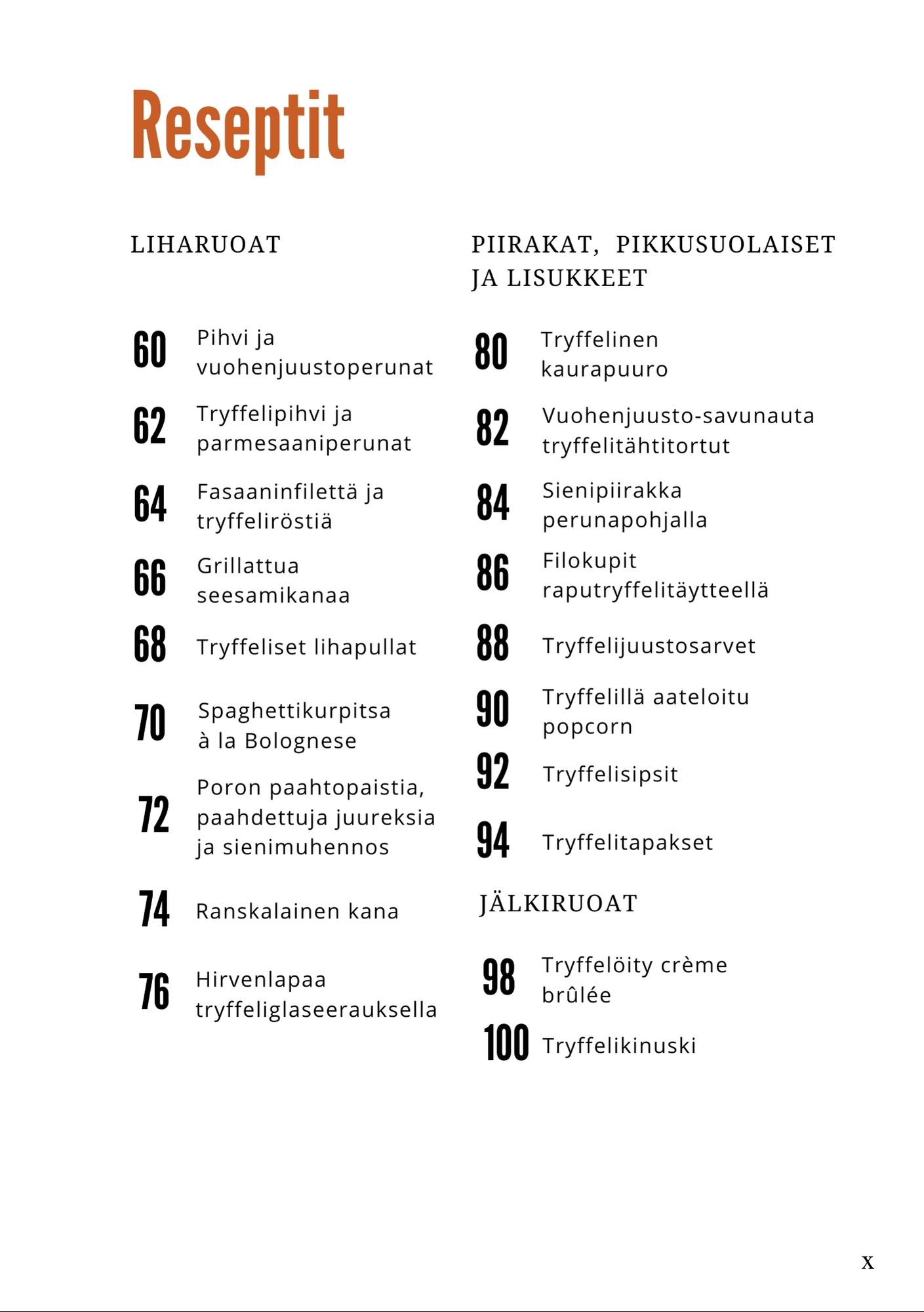Sisällysluettelo, toinen aukeama